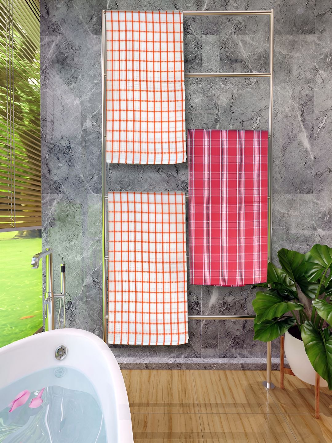Athom Living Orange & Red 3 Pieces Checked Cotton 150 GSM Bath Towels
