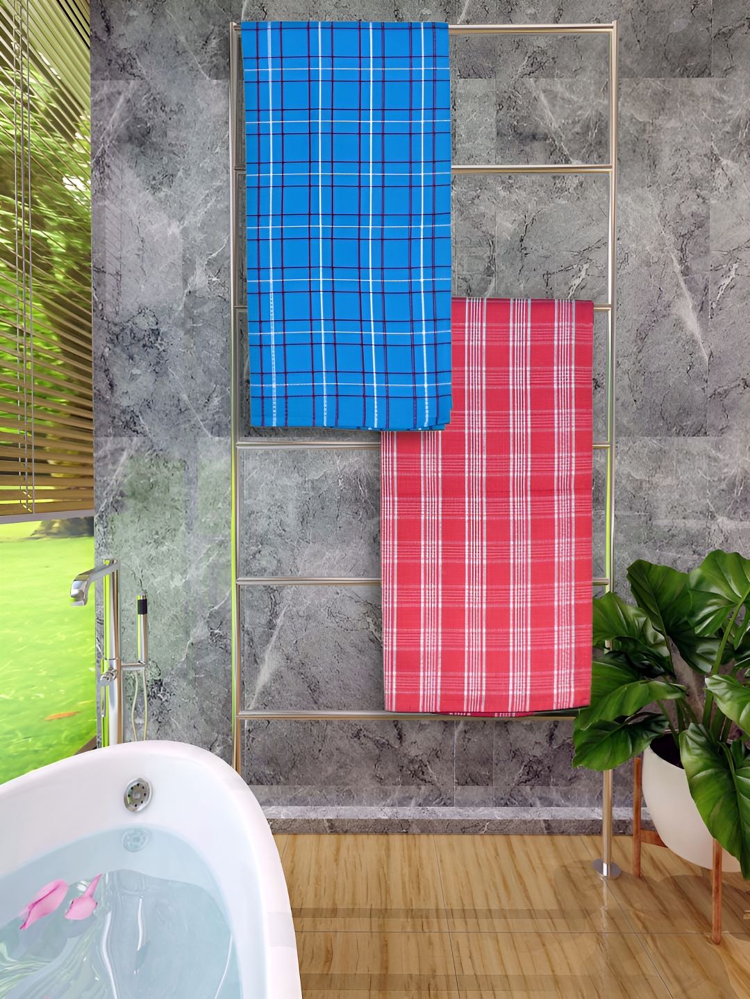 Athom Living Blue & Red 2 Pieces Checked 150 GSM Cotton Bath Towels