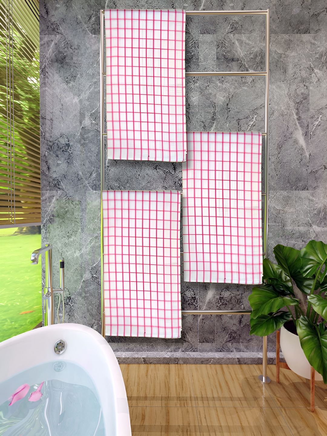 Athom Living Pink & White 3 Pieces Cotton 150GSM Checked Bath Towels