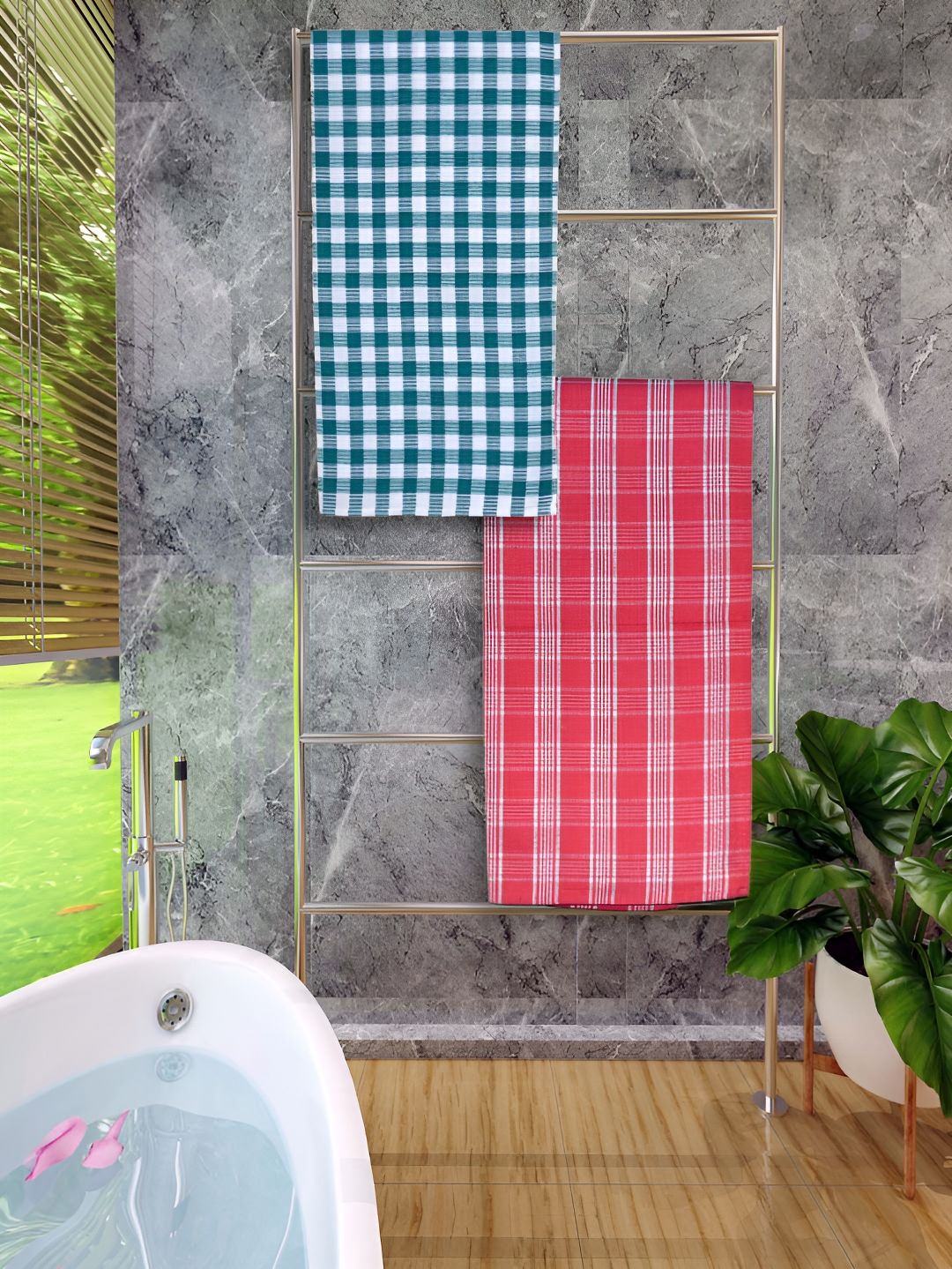 Athom Living Green & Red 2 Pieces Checked Bath Towels