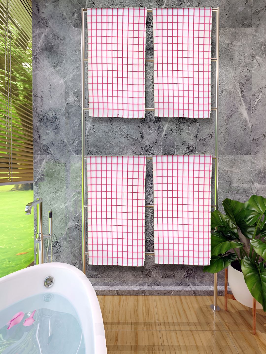 Athom Living White & Pink 4 Pieces Checked 150 GSM Cotton Bath Towels
