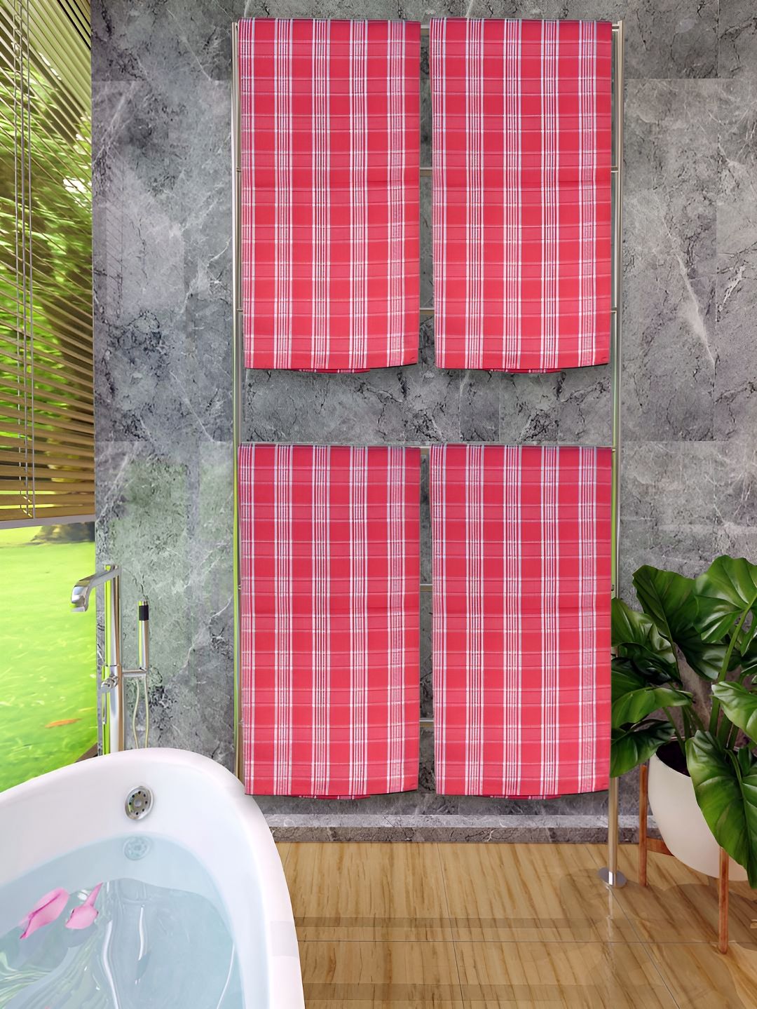 Athom Living Red & White 4 Pieces Checked Bath Towels
