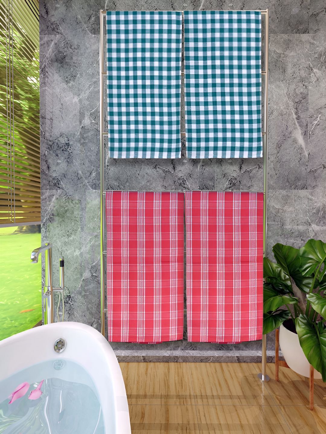 Athom Living Green & Red 4 Pieces Checked Cotton 150 GSM Bath Towel