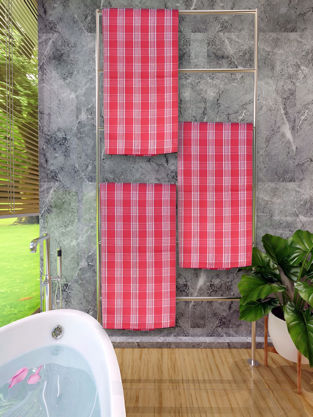 Athom Living Red 3 Pieces Checked Cotton 150 GSM Bath Towel