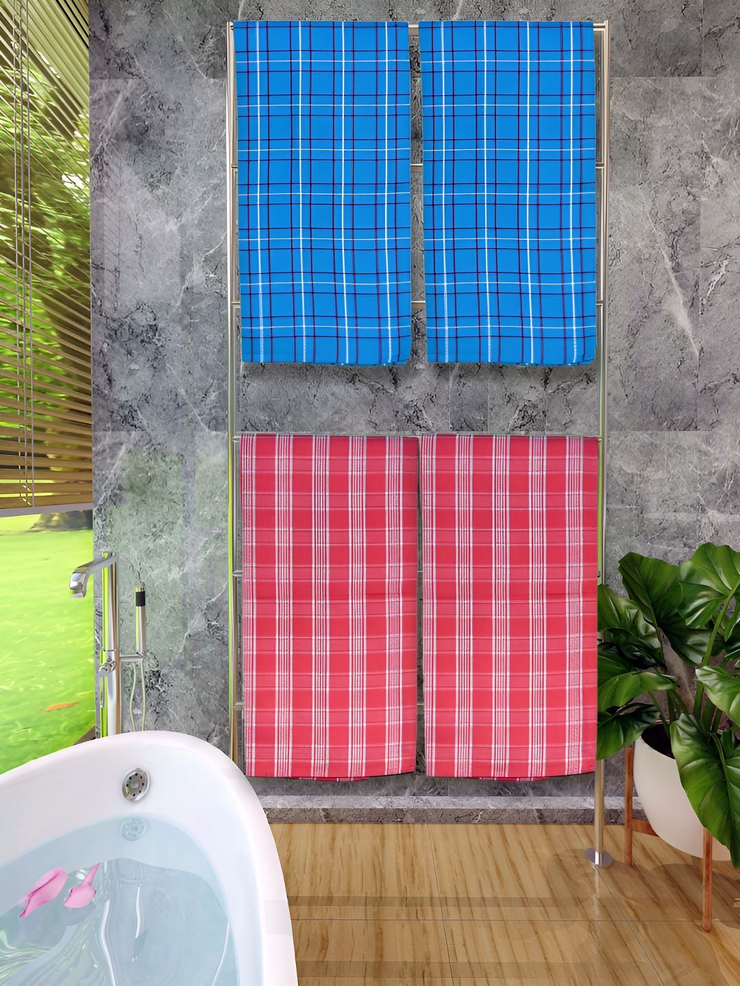Athom Living Blue & Red 4 Pieces Checked Cotton 150 GSM Bath Towel