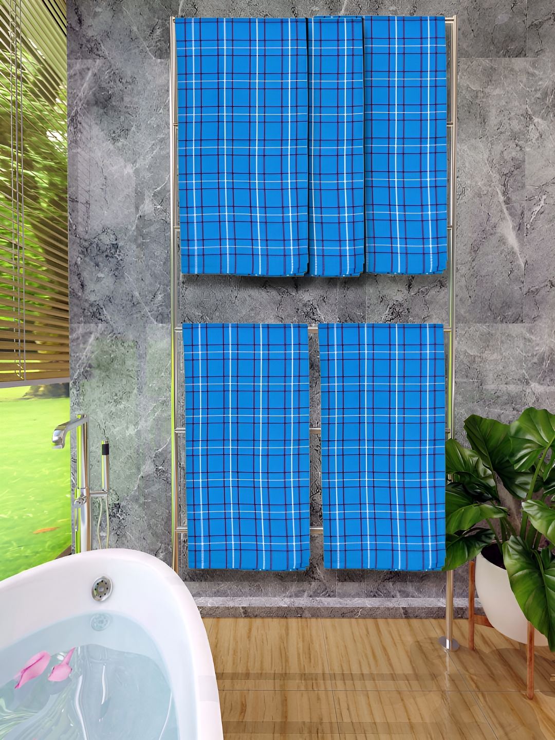 Athom Living Blue 5 Pieces Checked Cotton 150 GSM Bath Towels