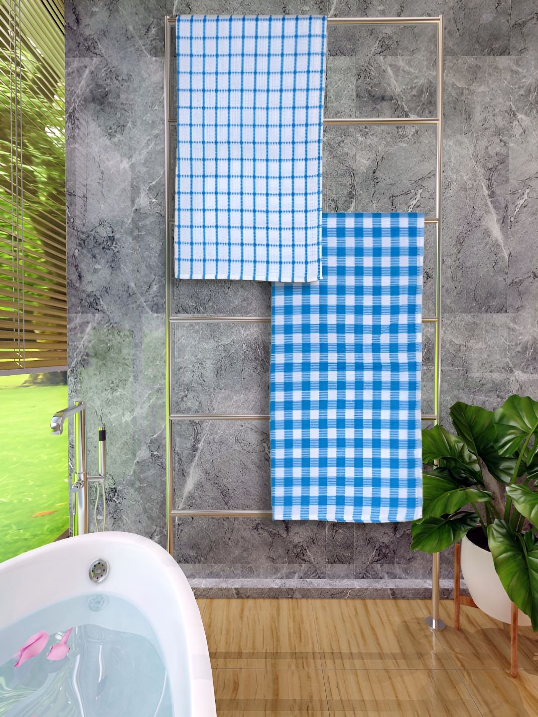 Athom Living Blue & White 2 Pieces Checked Cotton 150 GSM Bath Towels