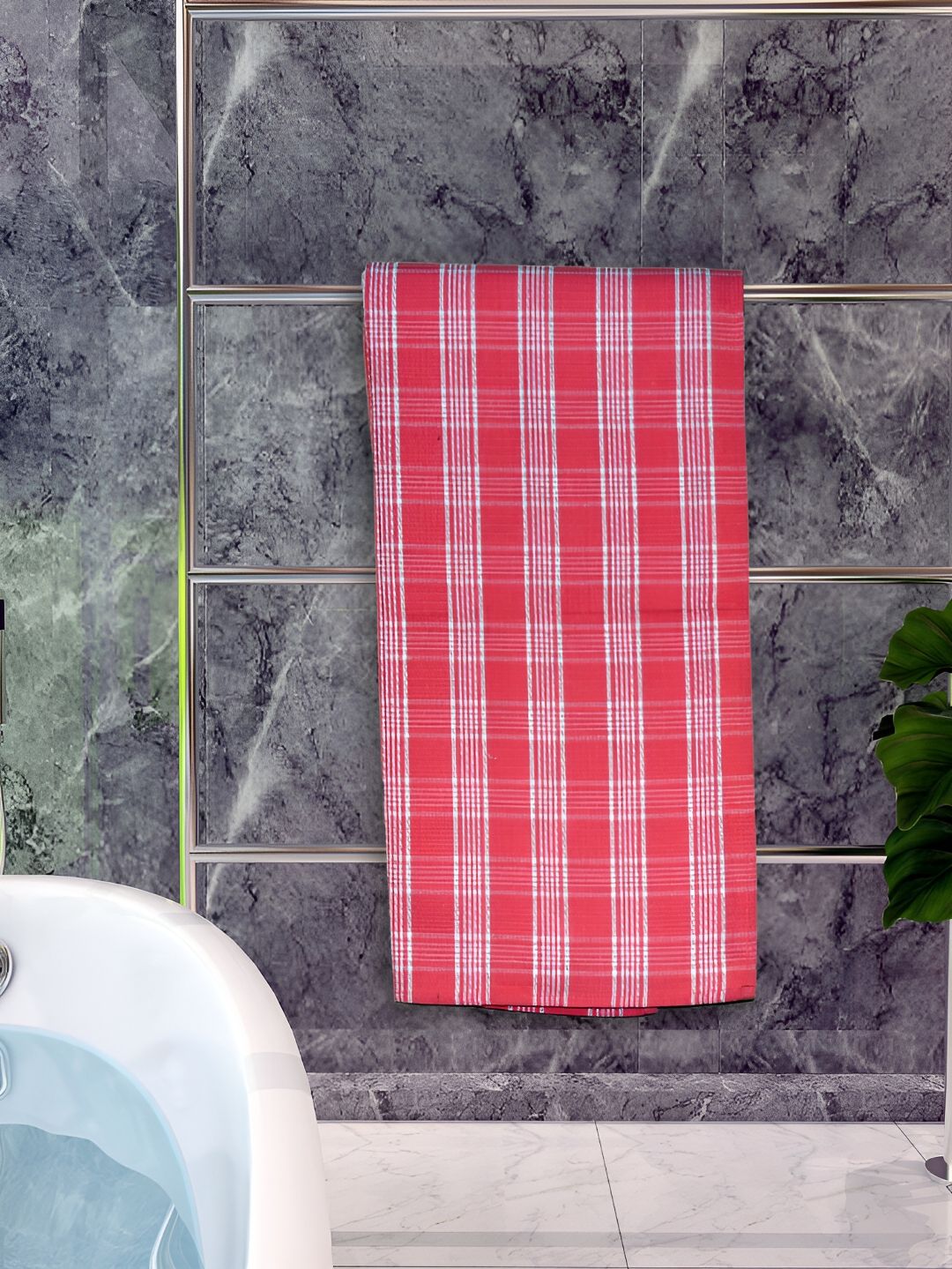 Athom Living Red Checked Cotton 150 GSM Bath Towel
