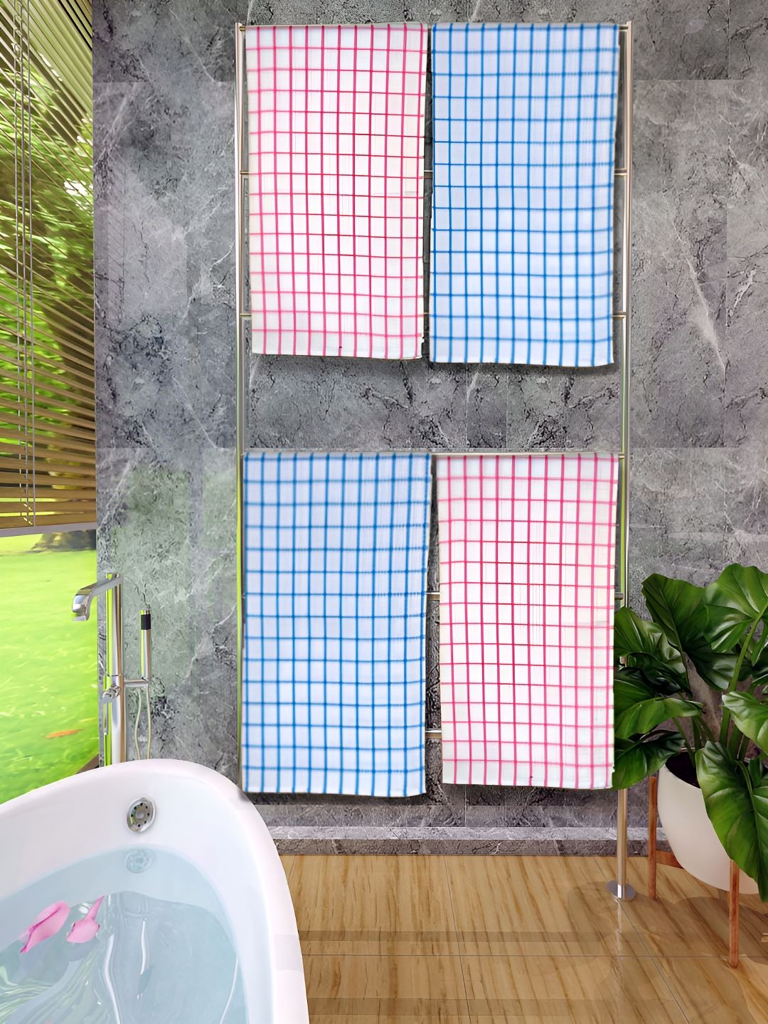 Athom Living Blue & Orange 4 Pieces Checked Cotton 150 GSM Bath Towels