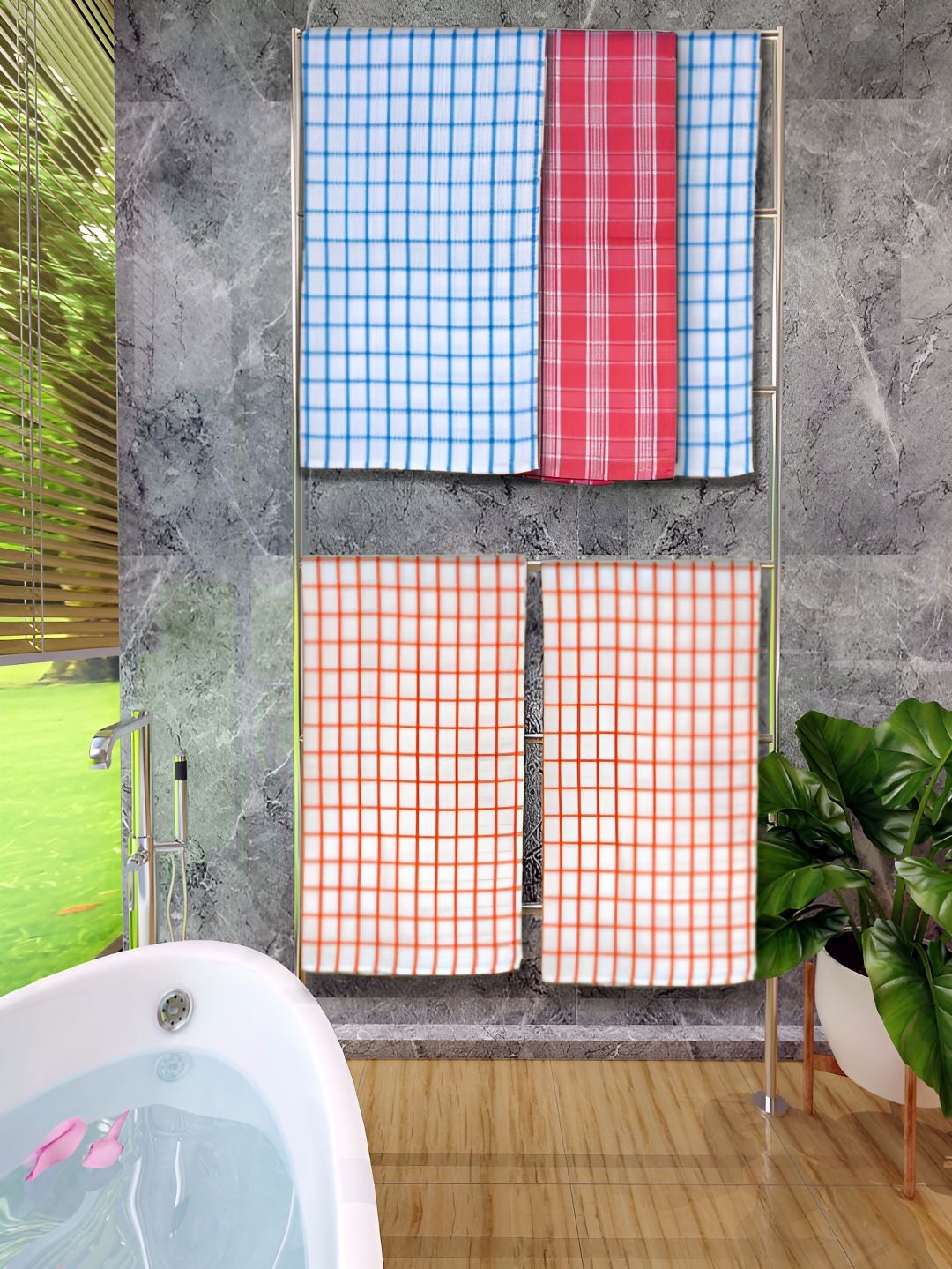 Athom Living Orange & Blue 5 Pieces Checked Cotton 150 GSM Bath Towels