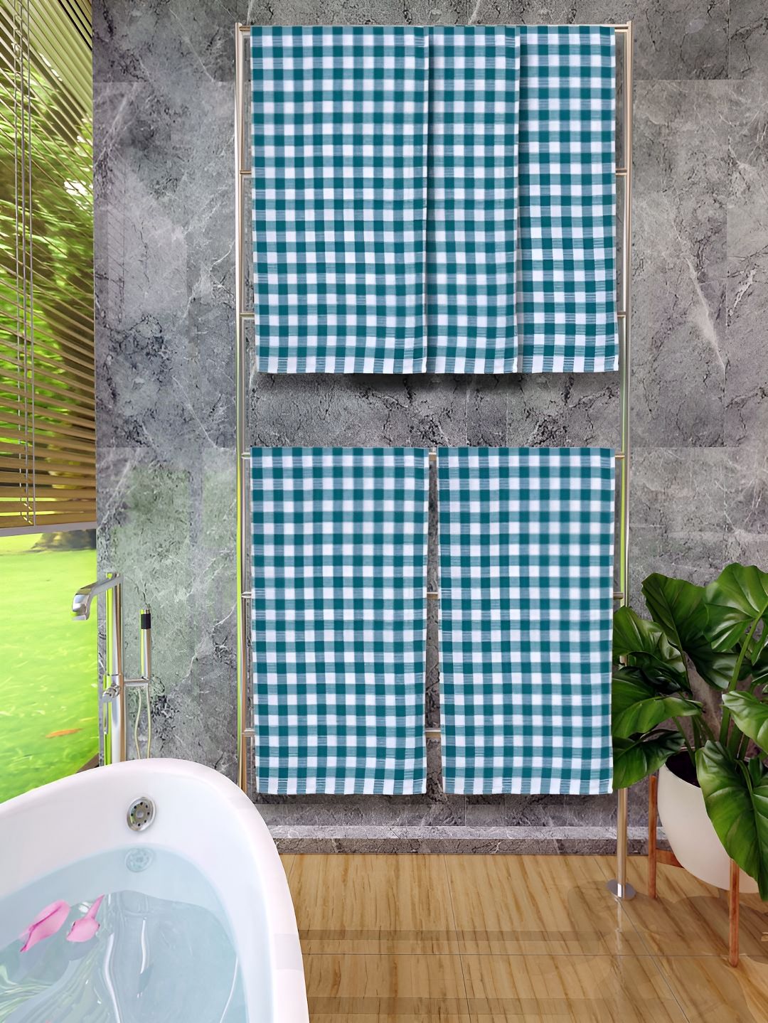 Athom Living Green 5 Pieces Checked Cotton 150 GSM Bath Towels
