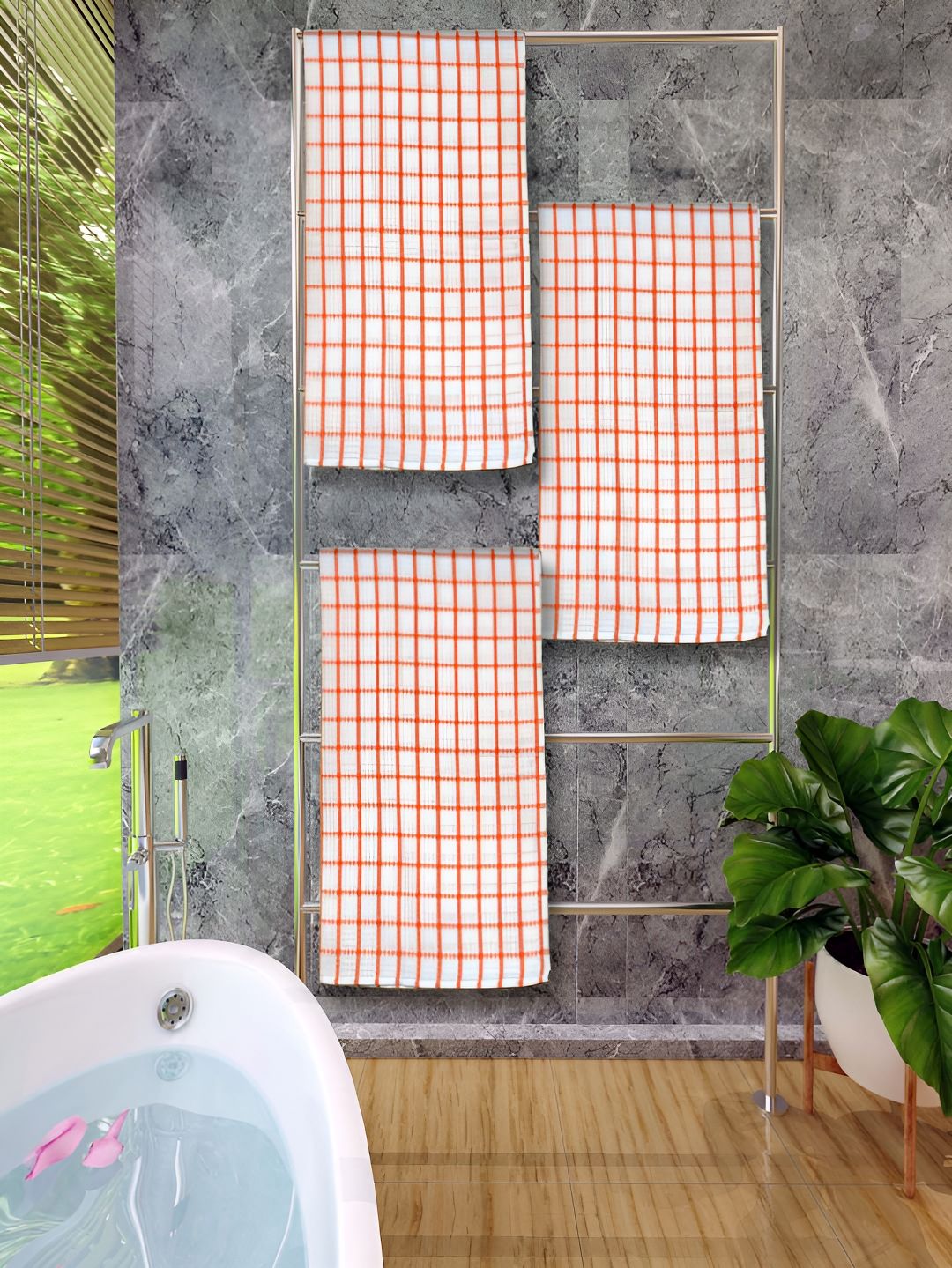 Athom Living Orange 3 Pieces Checked Cotton 150 GSM Bath Towels