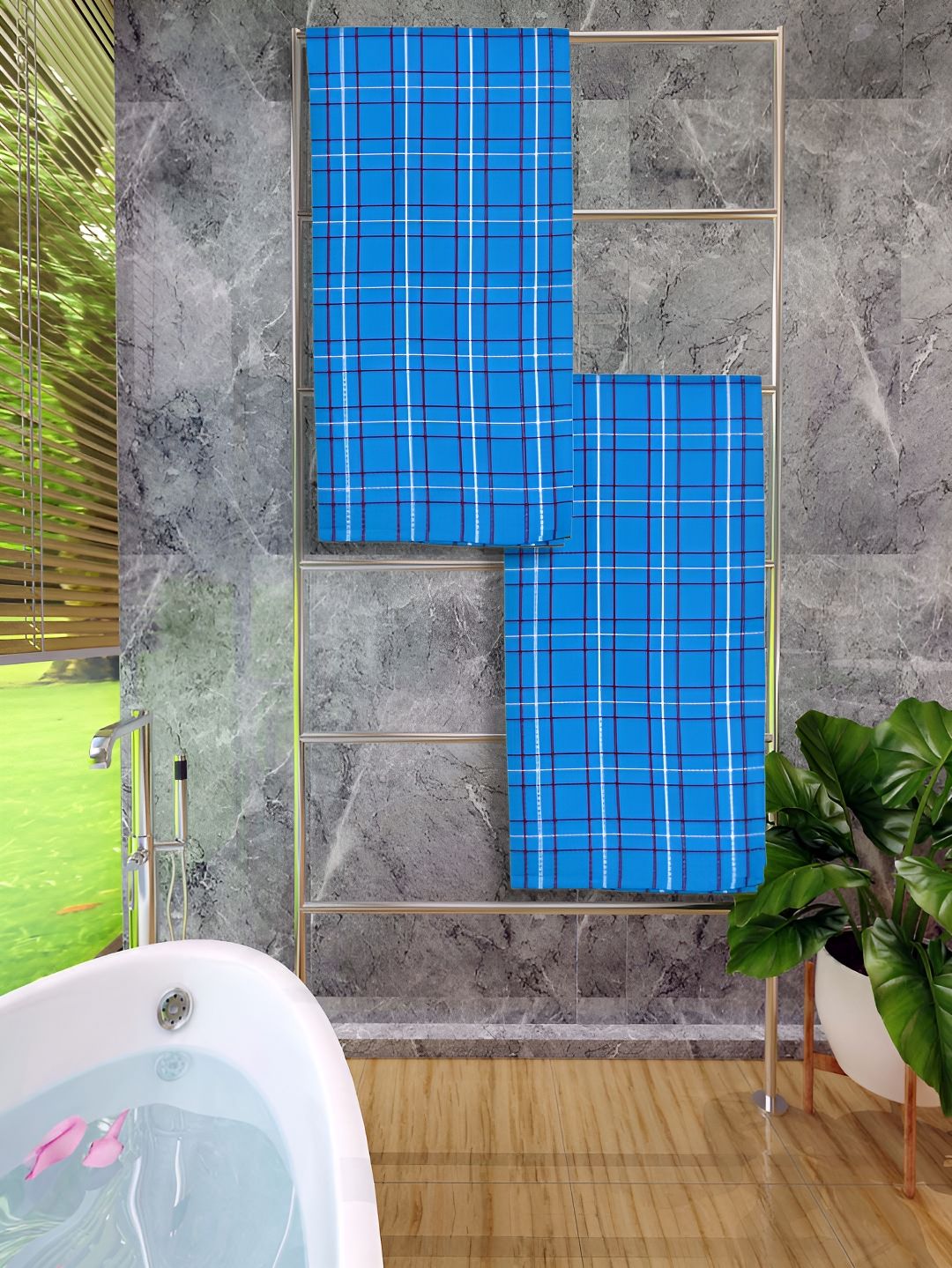 Athom Living Blue 2 Pieces Checked Cotton 150 GSM Bath Towel