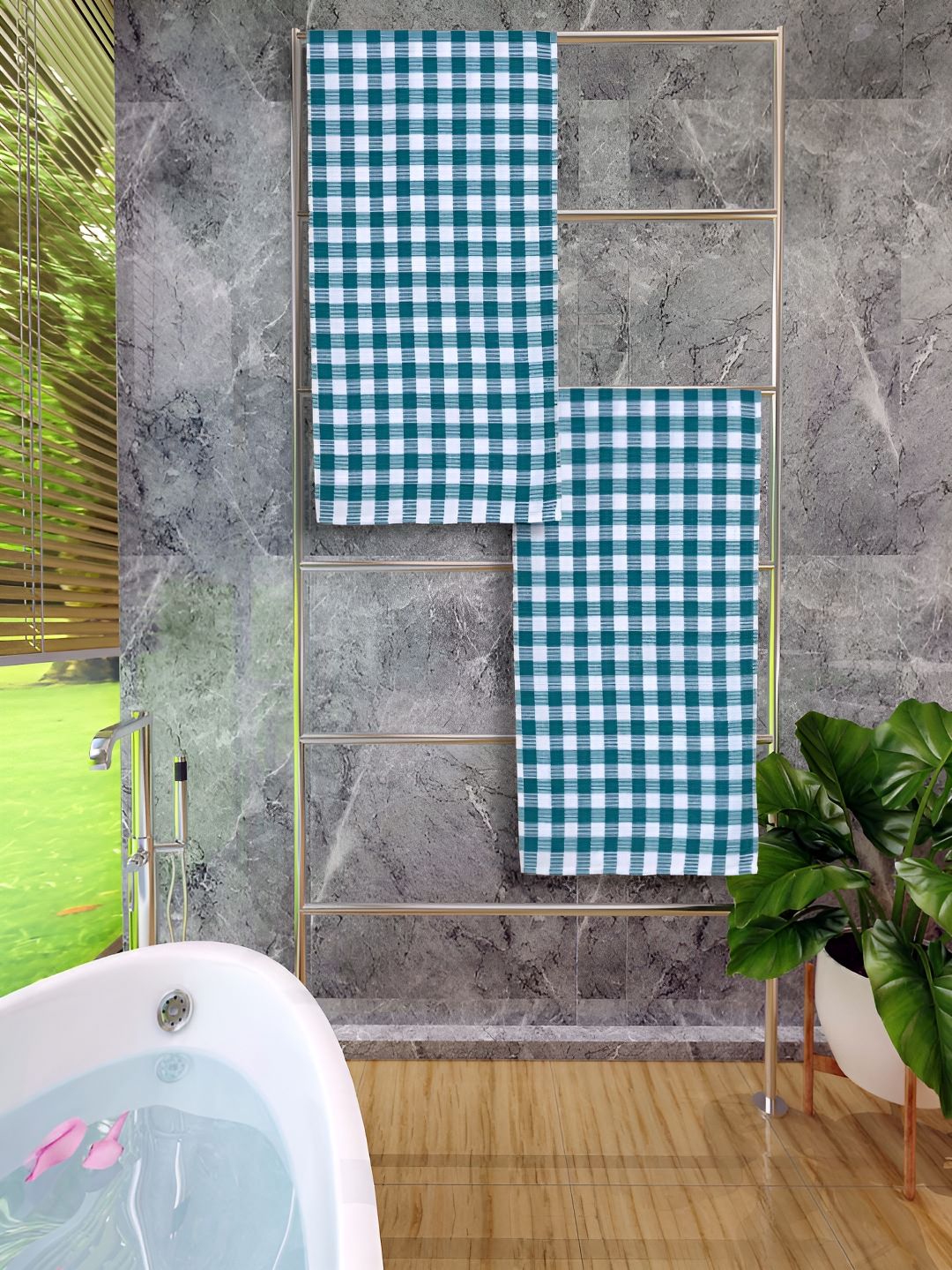 Athom Living Green 2 Pieces Checked Cotton 150 GSM Bath Towels