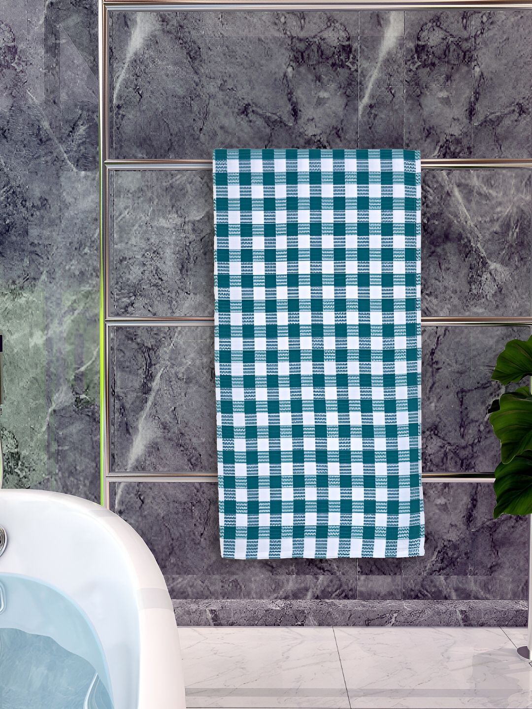Athom Living Green & White Checked Cotton 150 GSM Bath Towel
