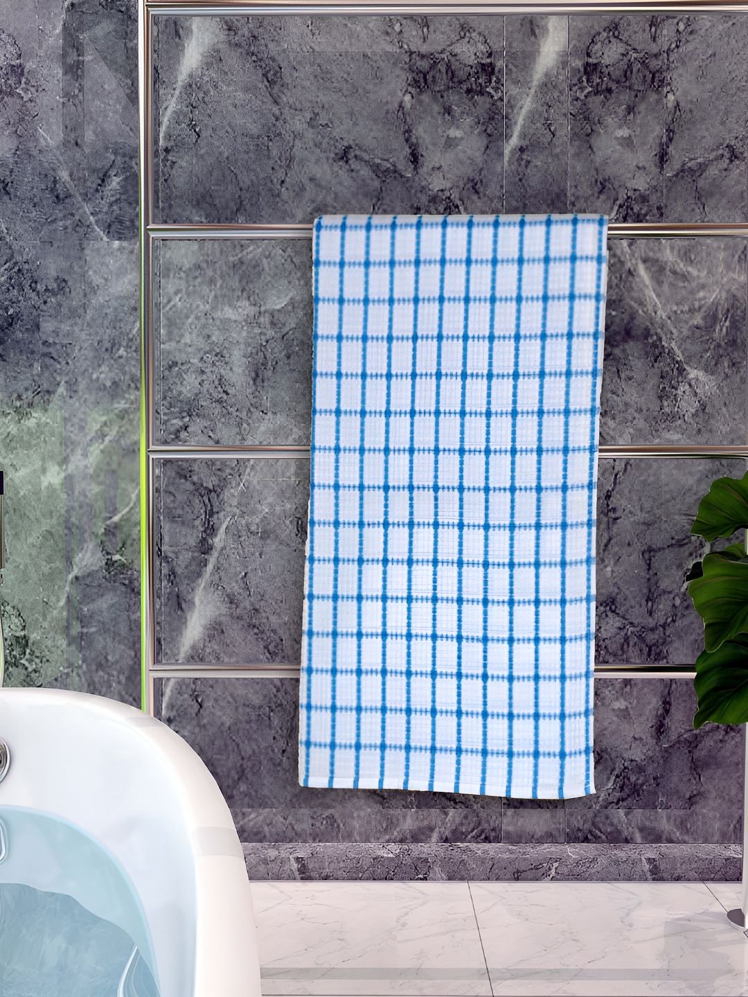 Athom Living Blue & White Checked Cotton 150 GSM Bath Towel