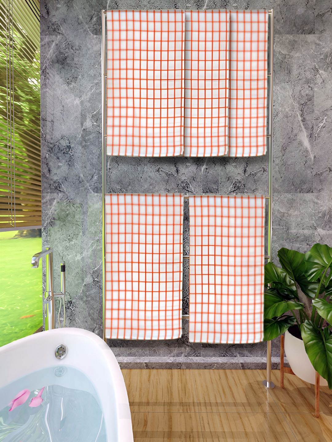 Athom Living Orange & White 5 Pieces Checked Cotton 150 GSM Bath Towels