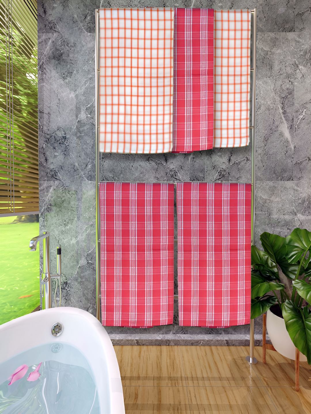 Athom Living Red & Orange 5 Pieces Checked Cotton 150 GSM Bath Towels