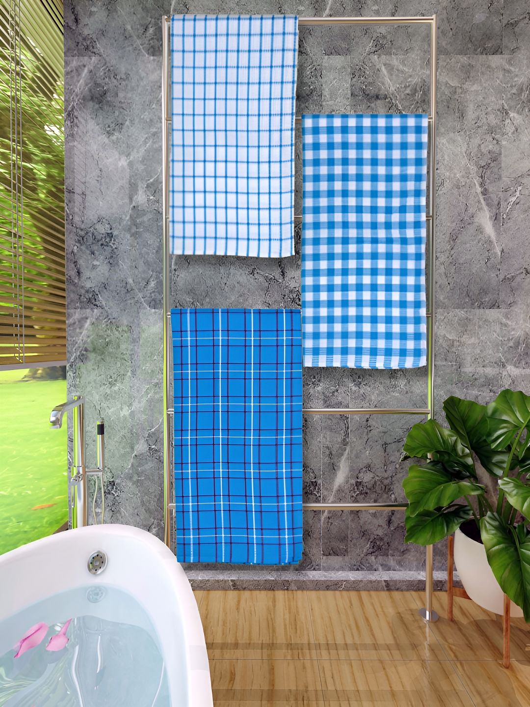 Athom Living Blue & White 3 Pieces Checked Cotton 150 GSM Bath Towels