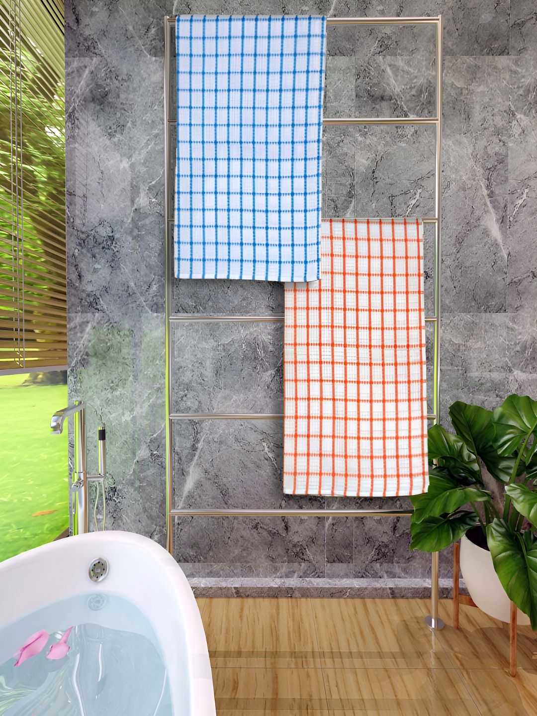 Athom Living Blue & Orange 2 Pieces Checked Cotton 150 GSM Bath Towels