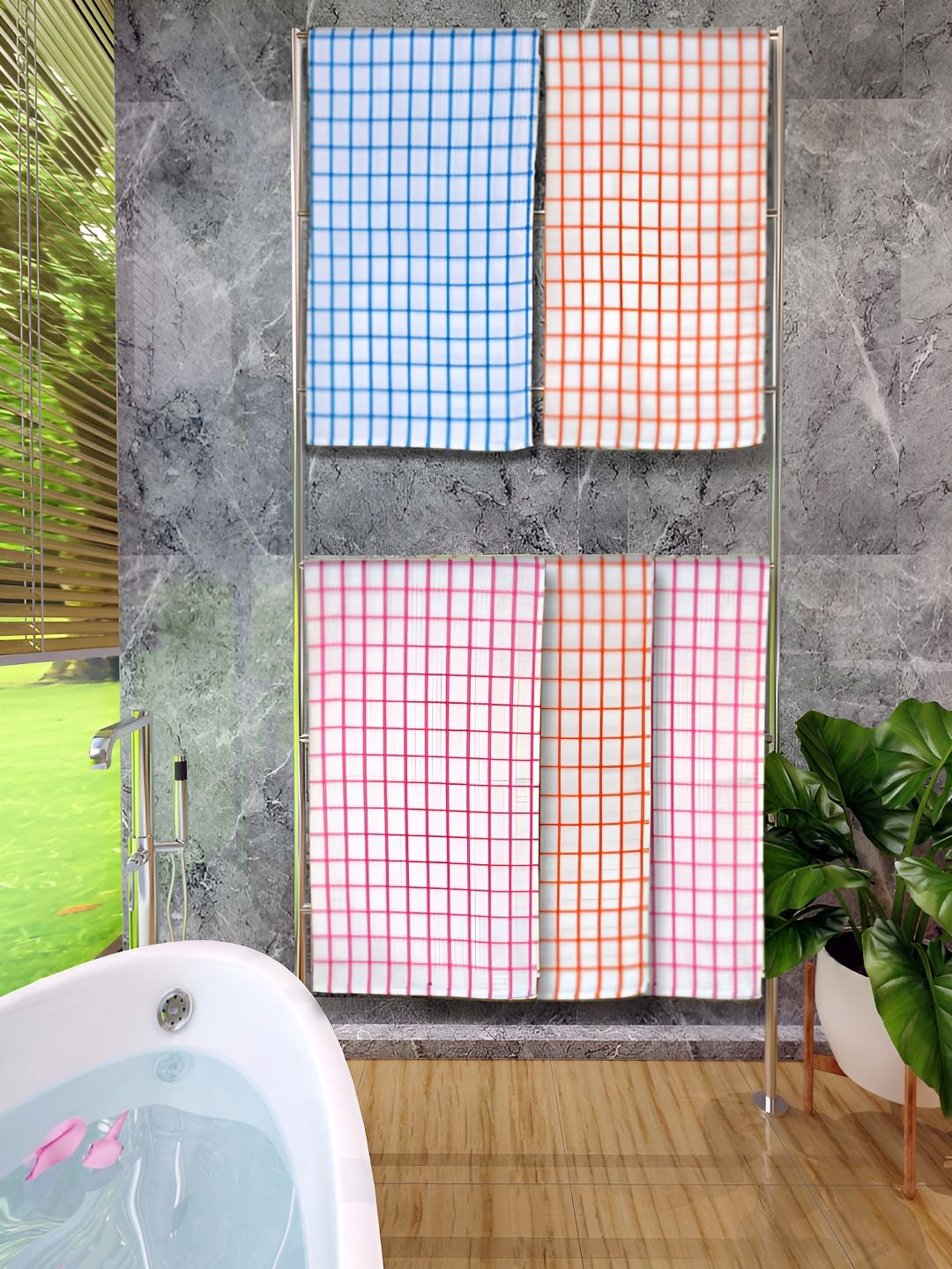 Athom Living Blue & Orange 5 Pieces Checked Cotton 150 GSM Bath Towels
