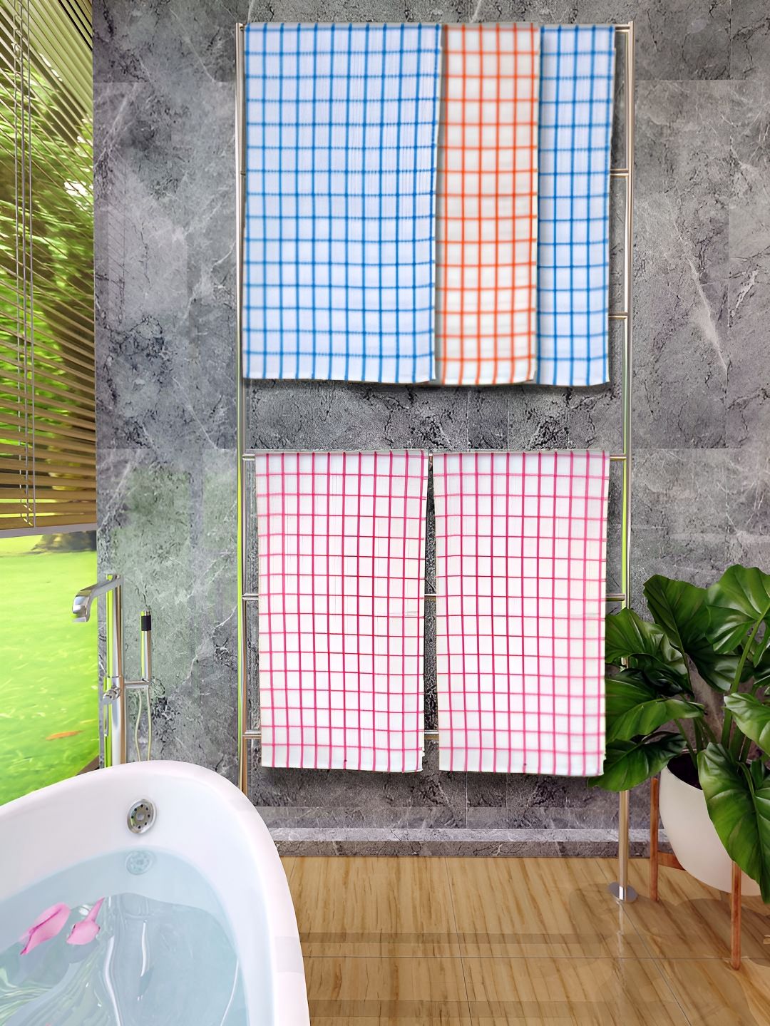 Athom Living Blue & Red 5 Pieces Checked Cotton 150 GSM Bath Towels
