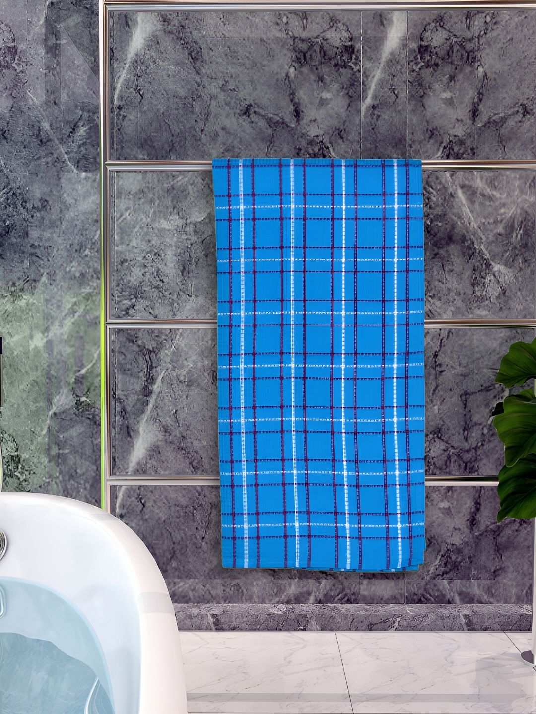 Athom Living Blue Checked Cotton 150 GSM Bath Towel