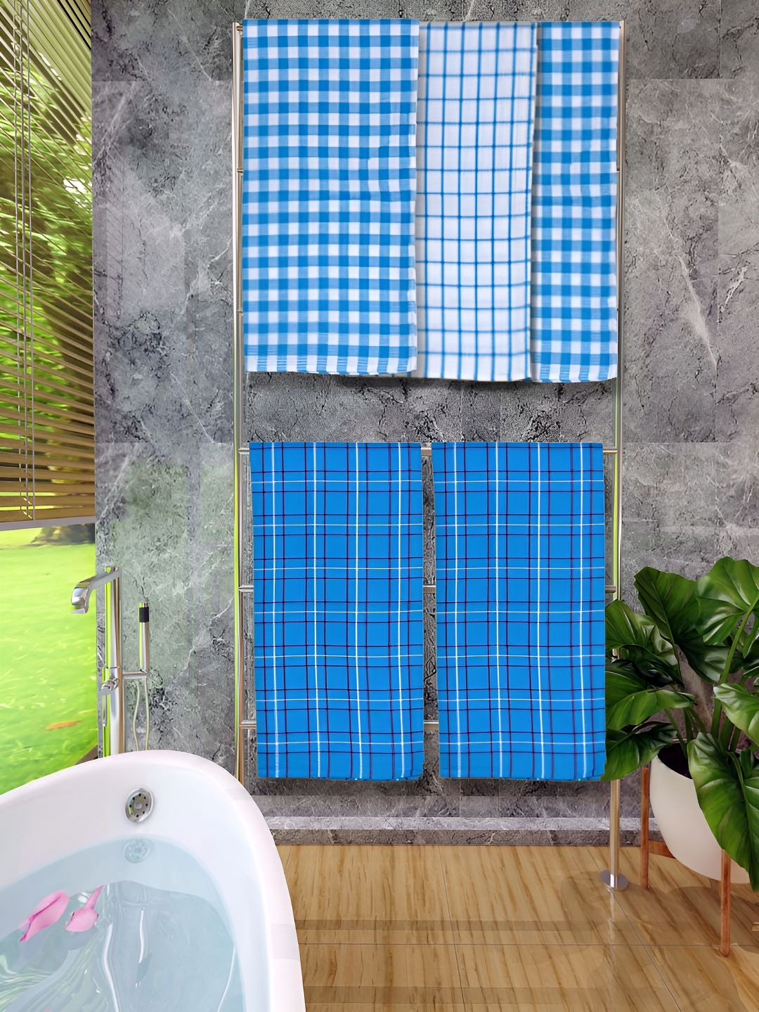 Athom Living Blue 5 Pieces Checked Cotton 150 GSM Bath Towel