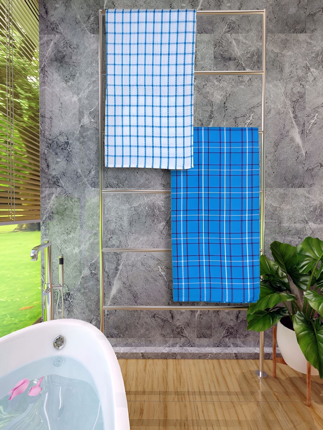 Athom Living Blue & White 2 Pieces Checked Cotton 150 GSM Bath Towel