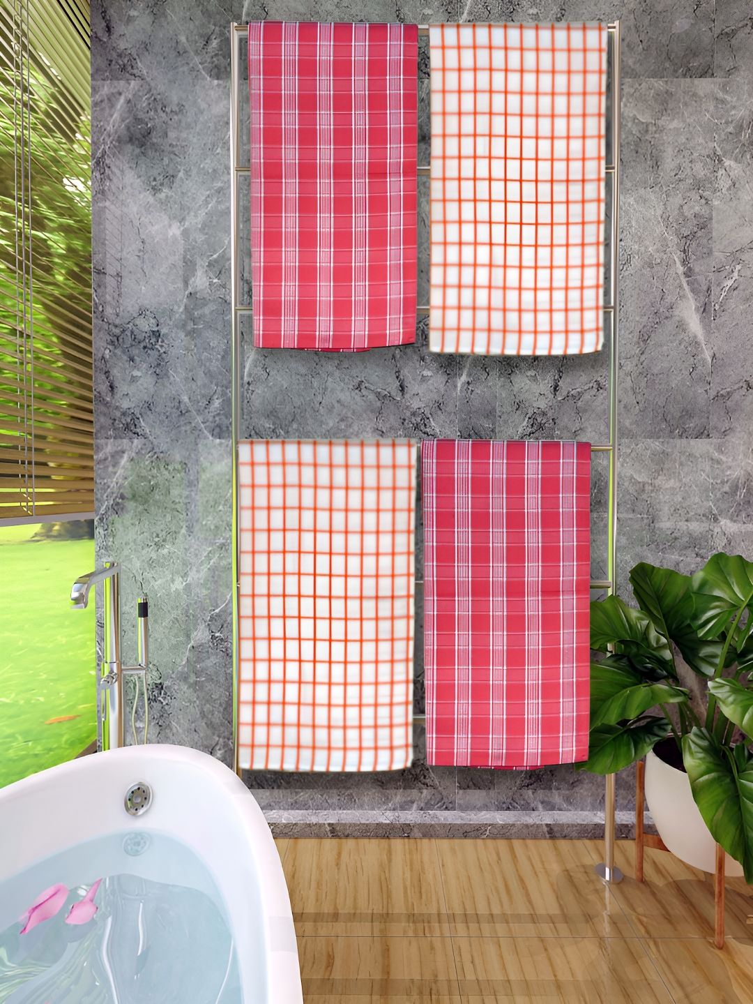 Athom Living Red & Orange 4 Pieces Checked Cotton 150 GSM Bath Towel