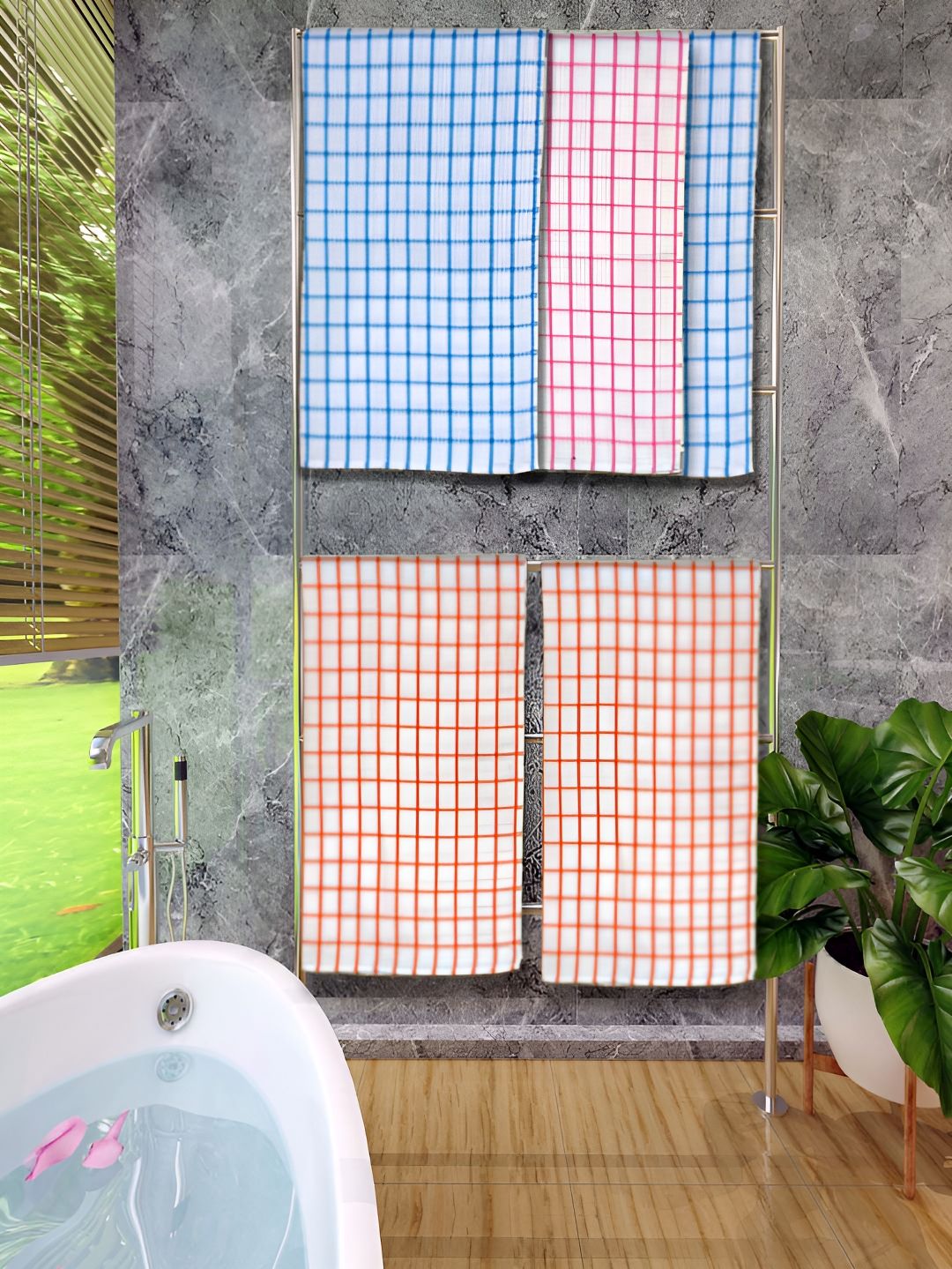 Athom Living Orange & Pink 5 Pieces Checked Cotton 150 GSM Bath Towels