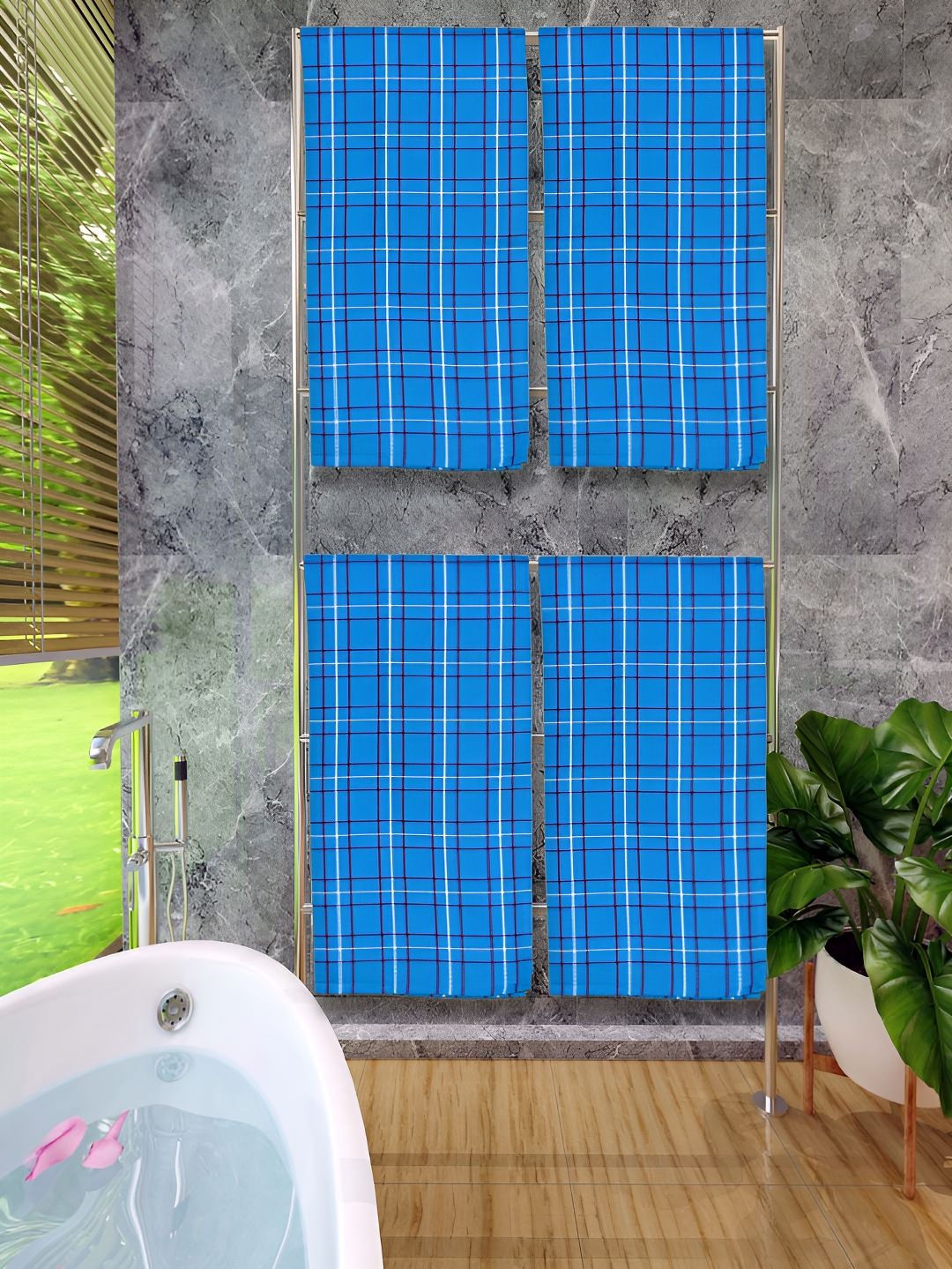 Athom Living Blue 4 Pieces Checked Cotton 150 GSM Bath Towels