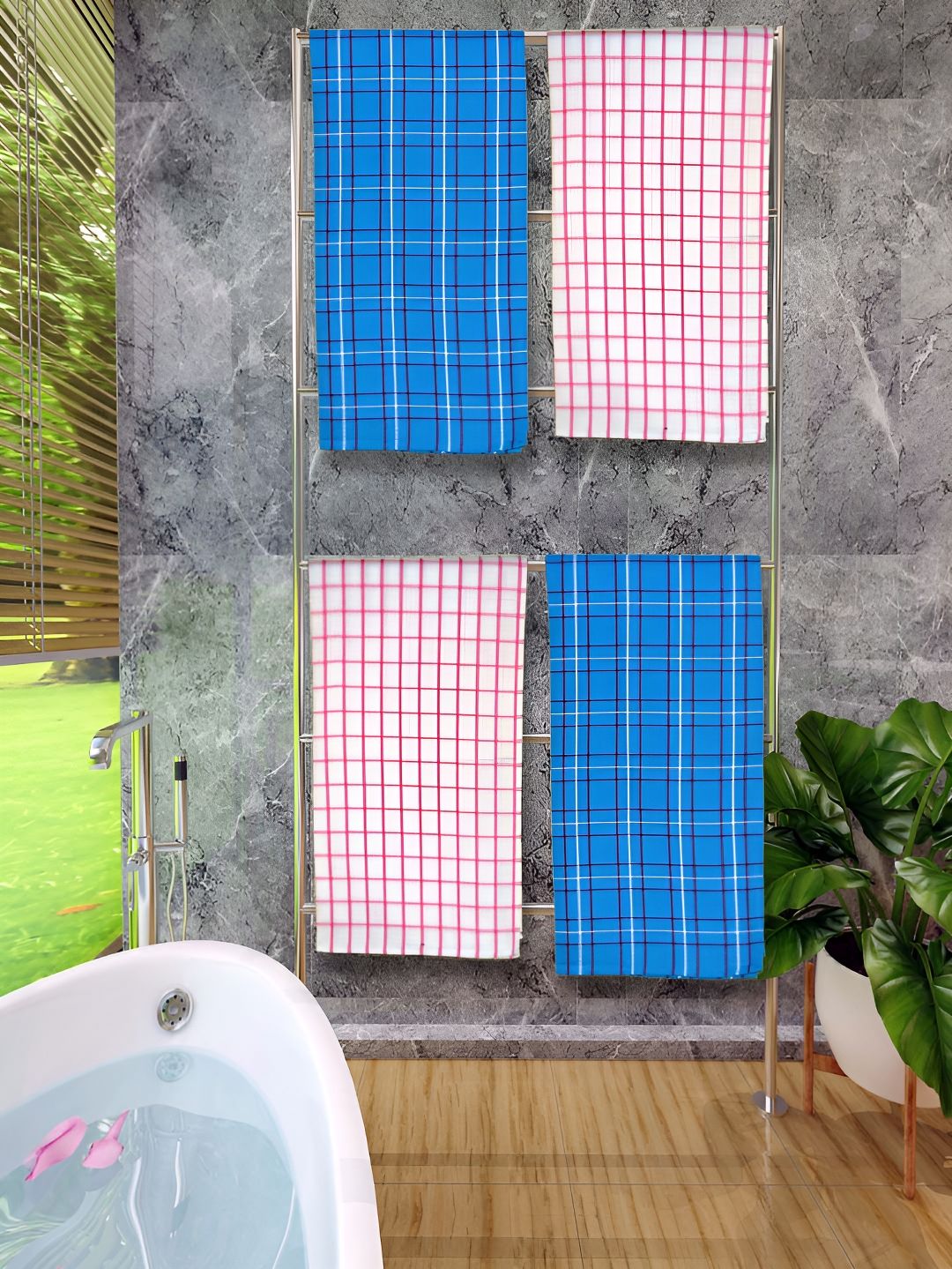 Athom Living Blue & Pink 4 Pieces Checked Cotton 150 GSM Bath Towel