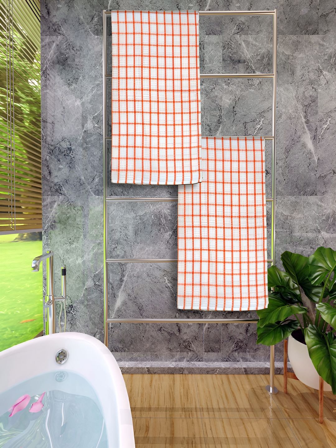 Athom Living Orange & White 2 Pieces Checked Cotton 150 GSM Bath Towel