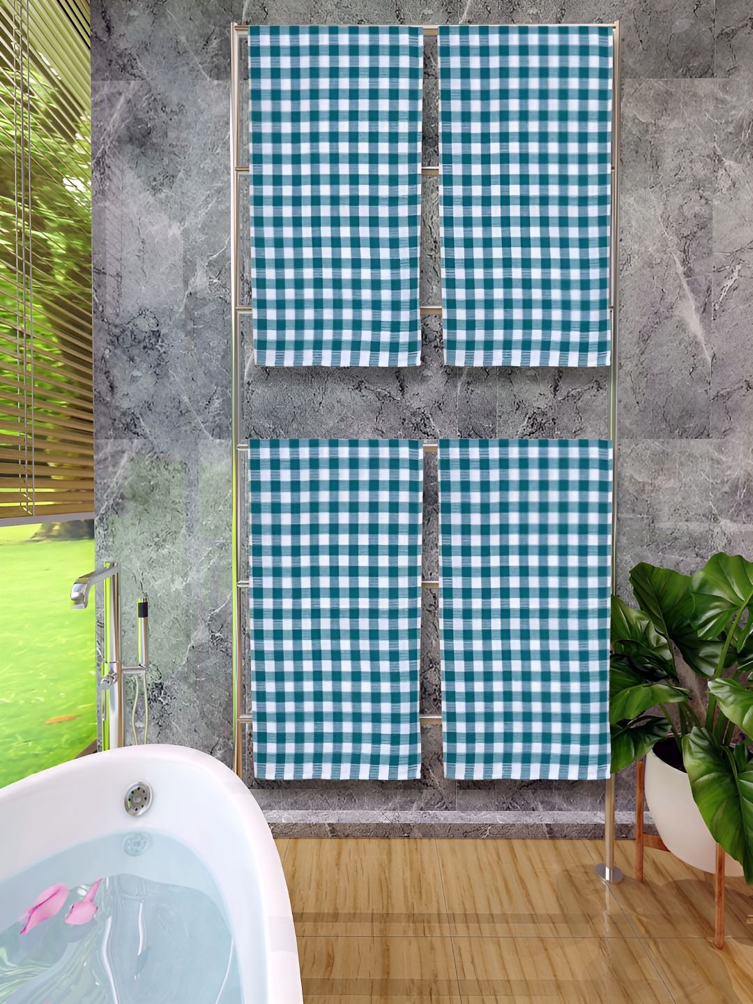 Athom Living Green & White 4 Pieces Checked Cotton 150 GSM Bath Towel