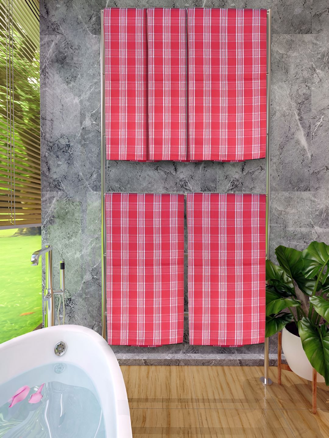 Athom Living Red 5 Pieces Checked Cotton 150 GSM Bath Towel