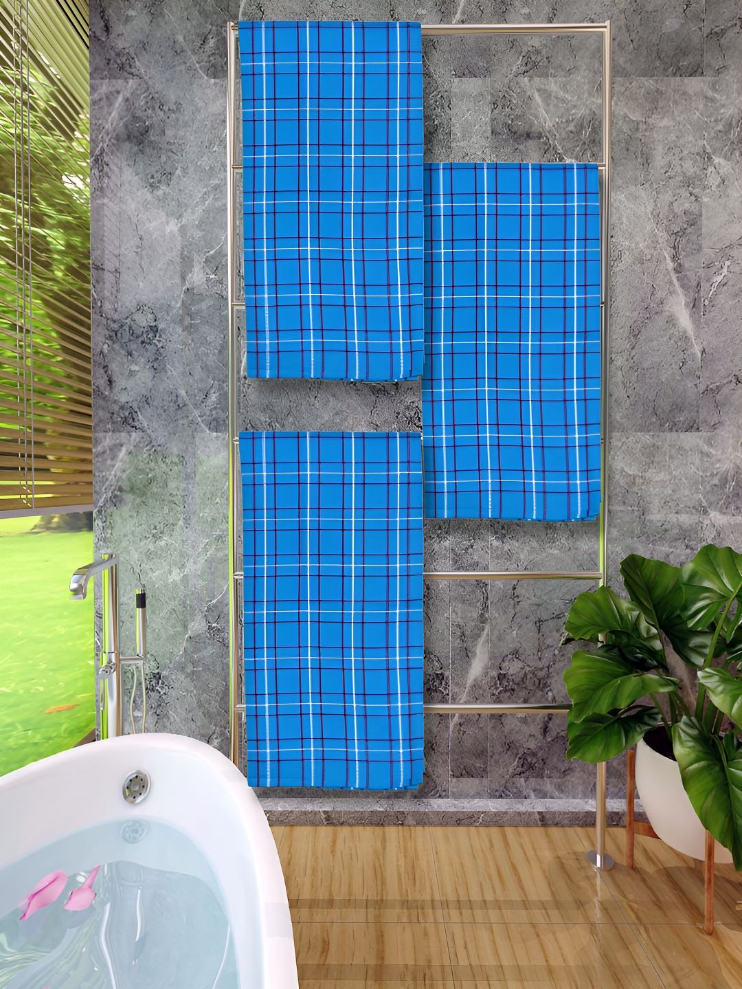 Athom Living Blue & White 3 Pieces Checked Cotton 150 GSM Bath Towel