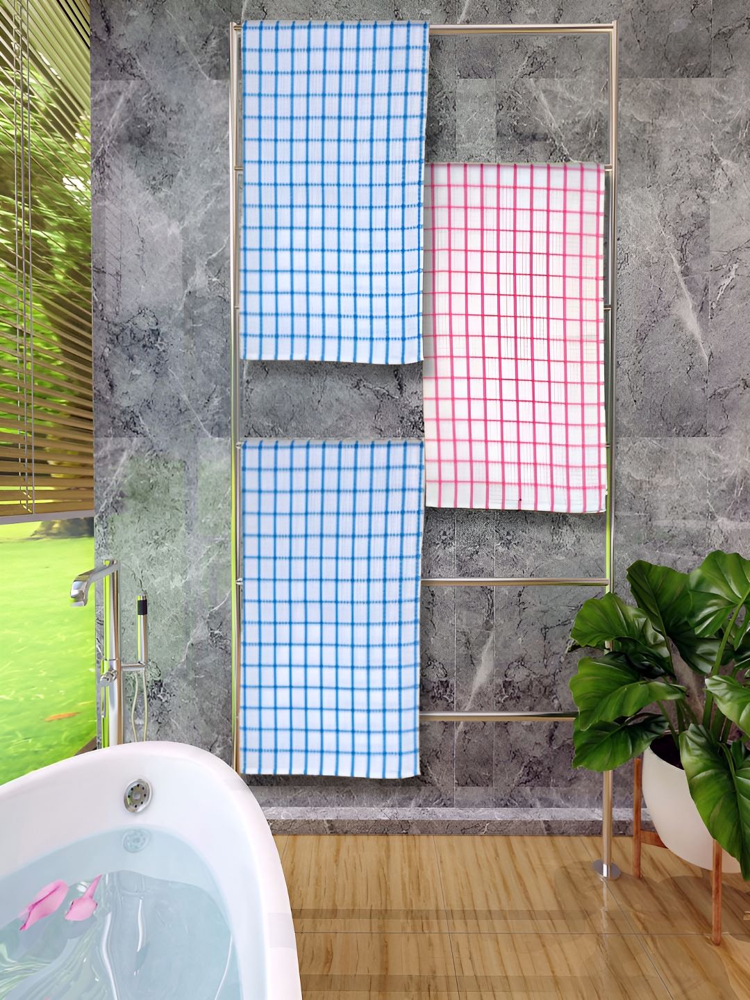 Athom Living Blue & Pink 3 Pieces Checked Cotton 150 GSM Bath Towel