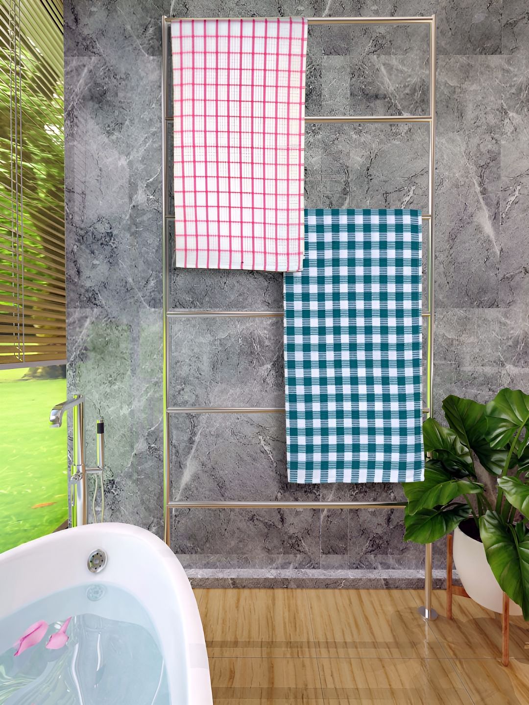 Athom Living Pink & Green 2 Pieces Checked Cotton 150 GSM Bath Towels