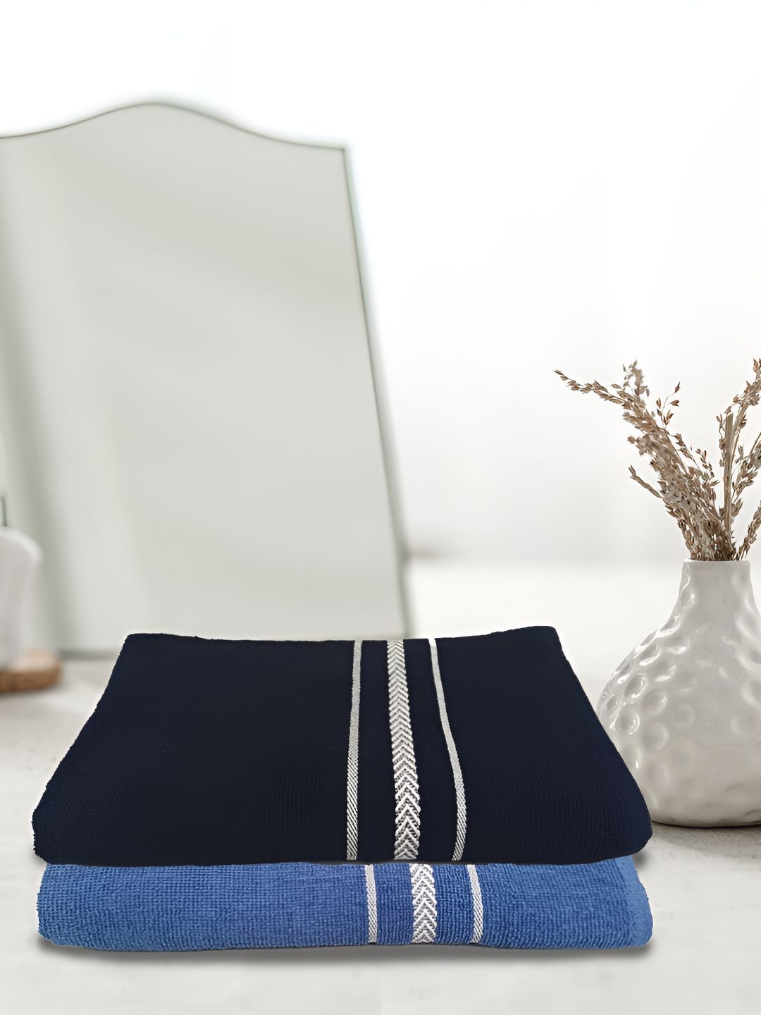 Athom Living Blue & Navy Blue 2 Pieces Solid Cotton 150 GSM Bath Towels