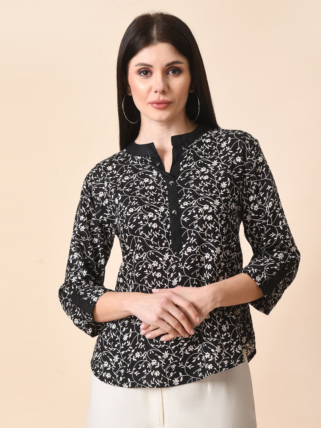 HERE&NOW Black & White Floral Printed Mandarin Collar Top