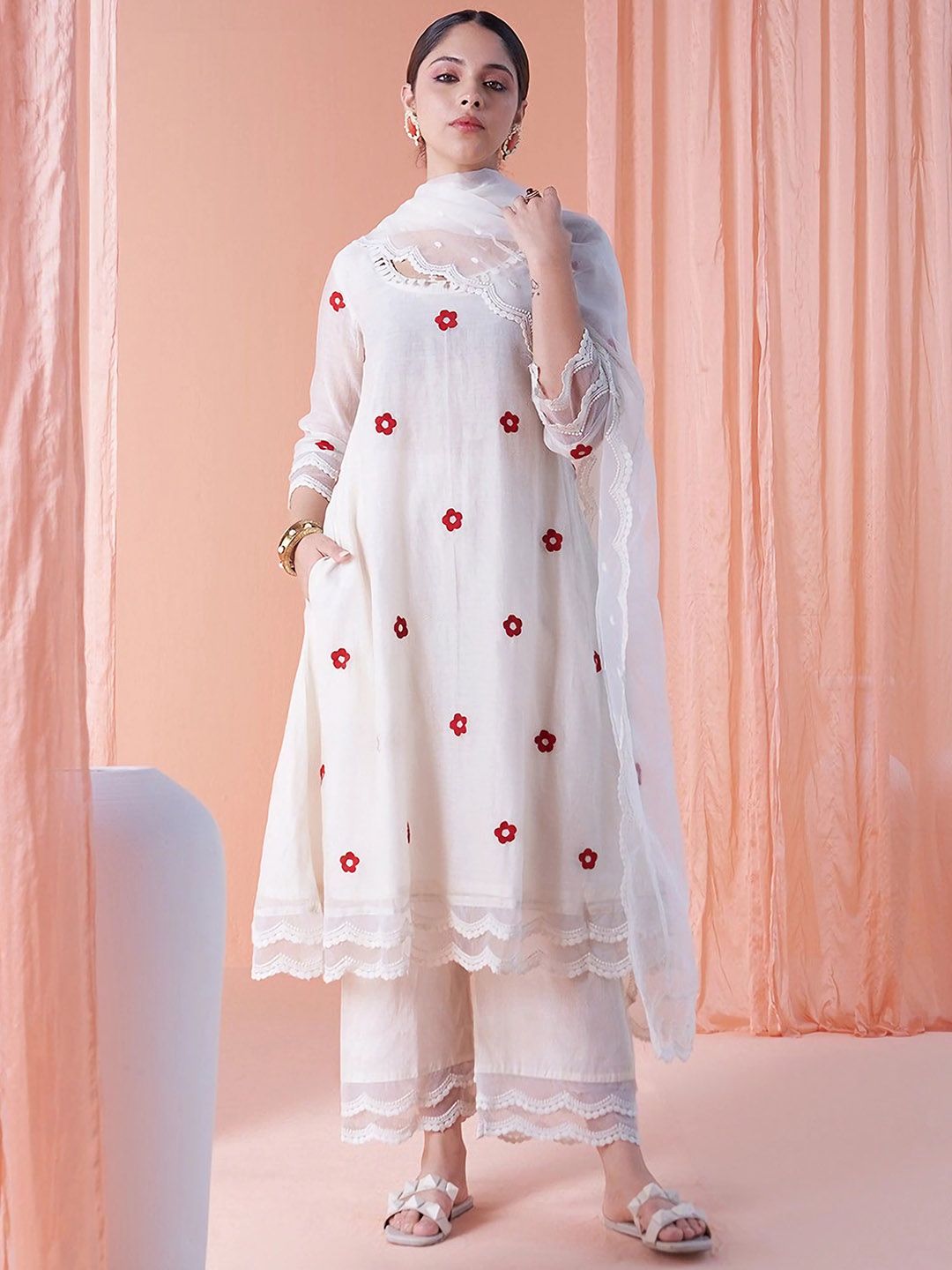 KALINI Floral Embroidered Empire Thread Work Kurta With Palazzos & Dupatta Price in India