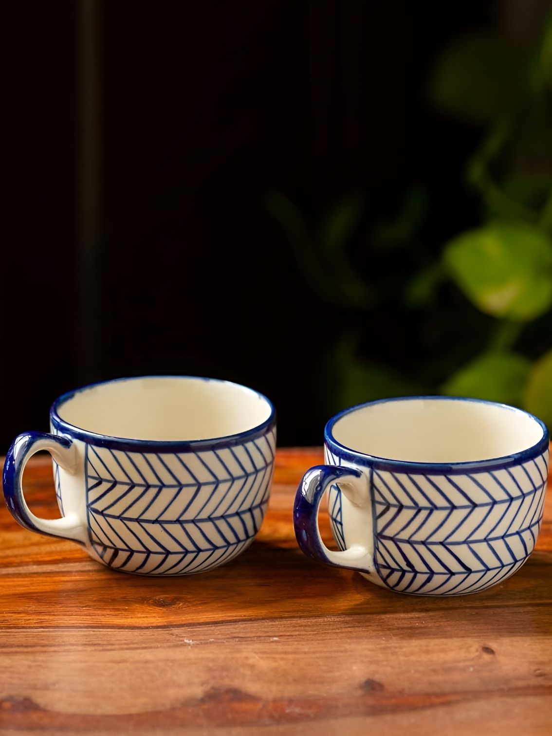 INDIA MEETS INDIA Leaf White Floral Ceramic Microwave Safe 2 Piece Mugs-320ml