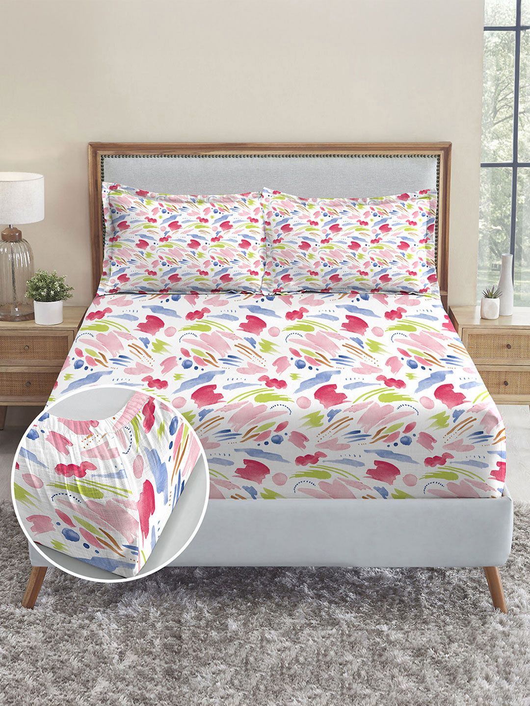MYTRIDENT White Abstract Cotton 210 TC Fitted King Fine Bedsheet with 2 Pillow Covers-72 x 78 inches