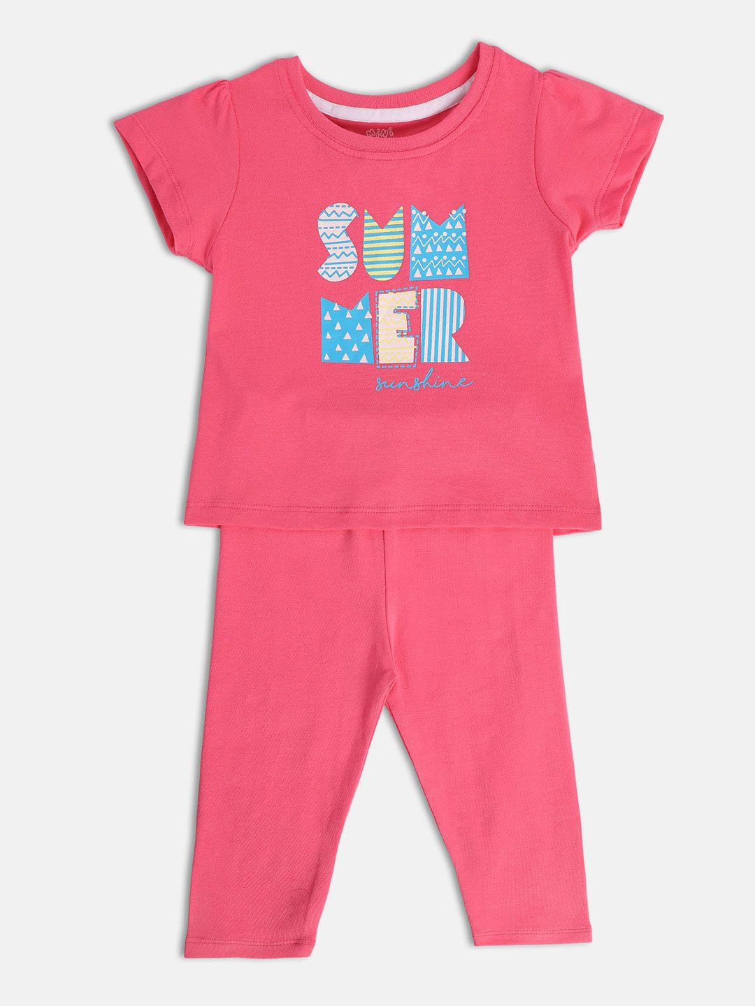 MINI KLUB Girls Pack Of 2 Typography Printed Pure Cotton T-shirt With Pyjamas