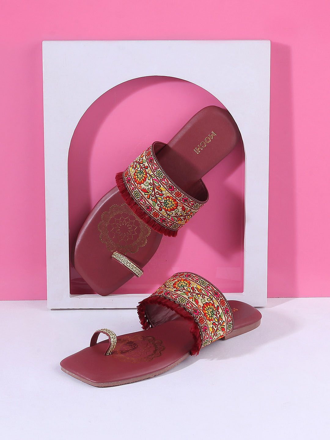 Mochi Embroidered Open Toe Flats