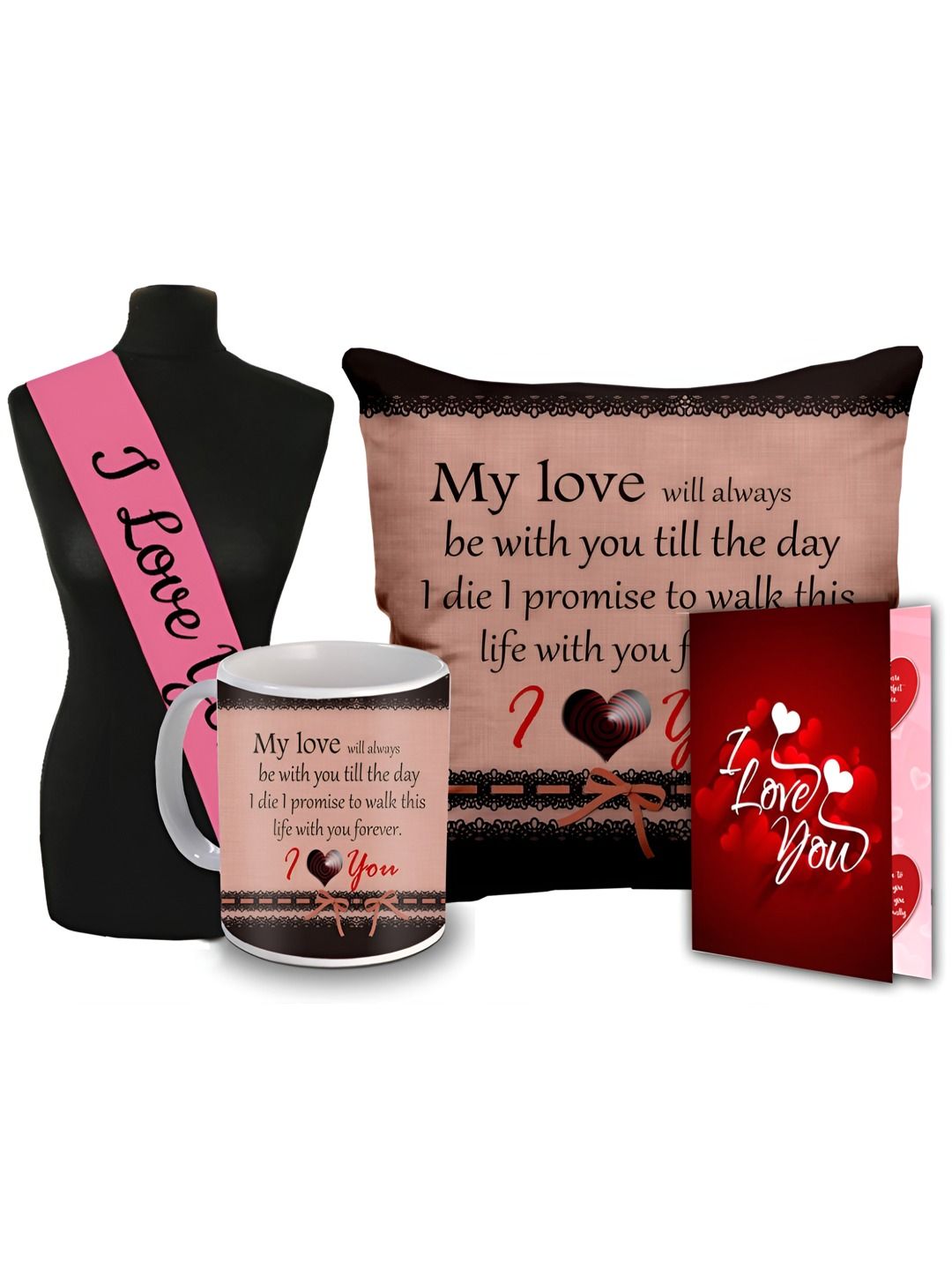 ME & YOU Pink & Red 4 Pieces Printed Cushion Mug Card Sashe Valentine Gifts Set