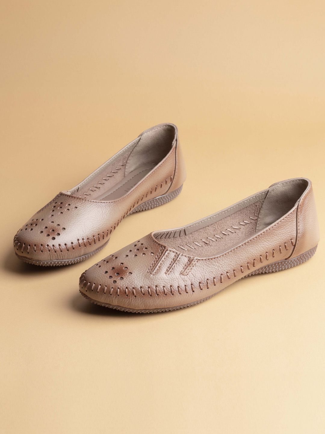 Ozuri Round Toe Textured Laser Cuts Detail Leather Ballerinas