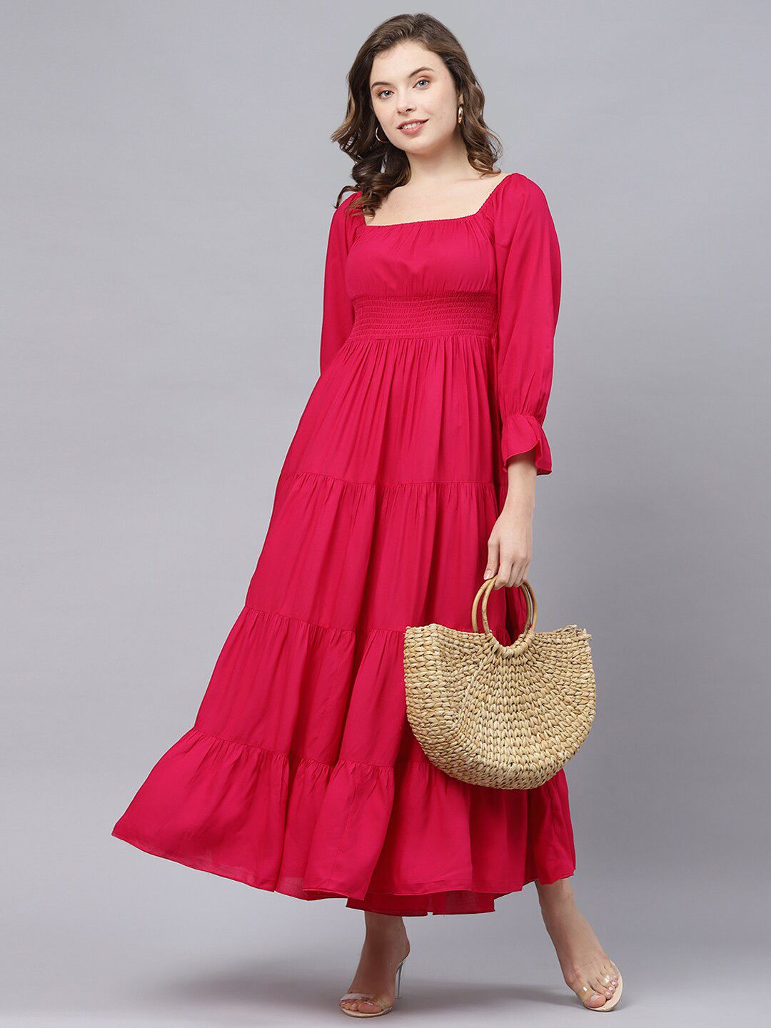 DEEBACO Square Neck Bell Sleeve Smocked Tiered Maxi Dress Price in India