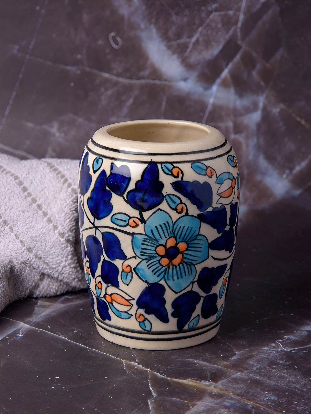 INDIA MEETS INDIA Blue & Beige Printed Ceramic Toothbrush Holder